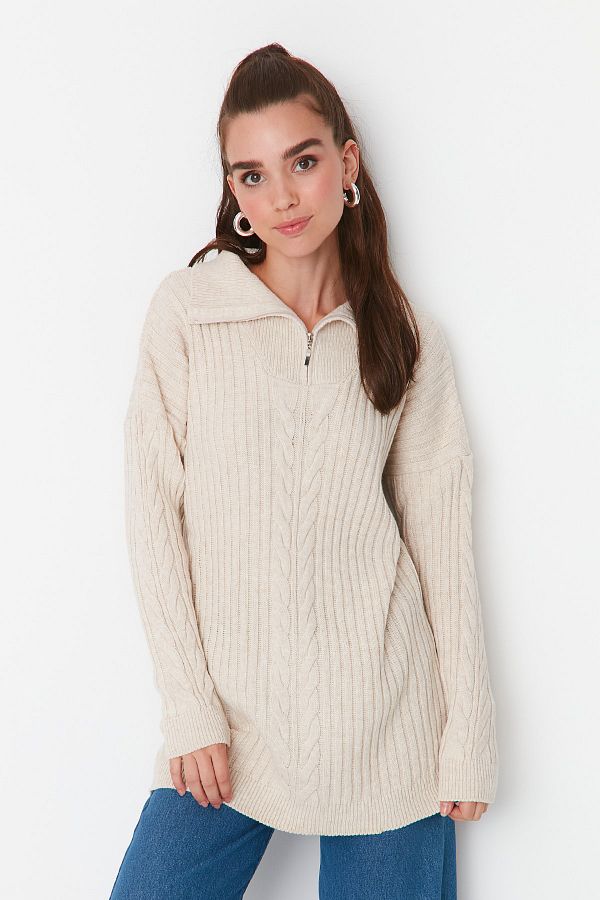 Trendyol Modest-Ecru Selanik gestrickter Strickpullover mit Reißverschluss TCTAW23AK00017 1