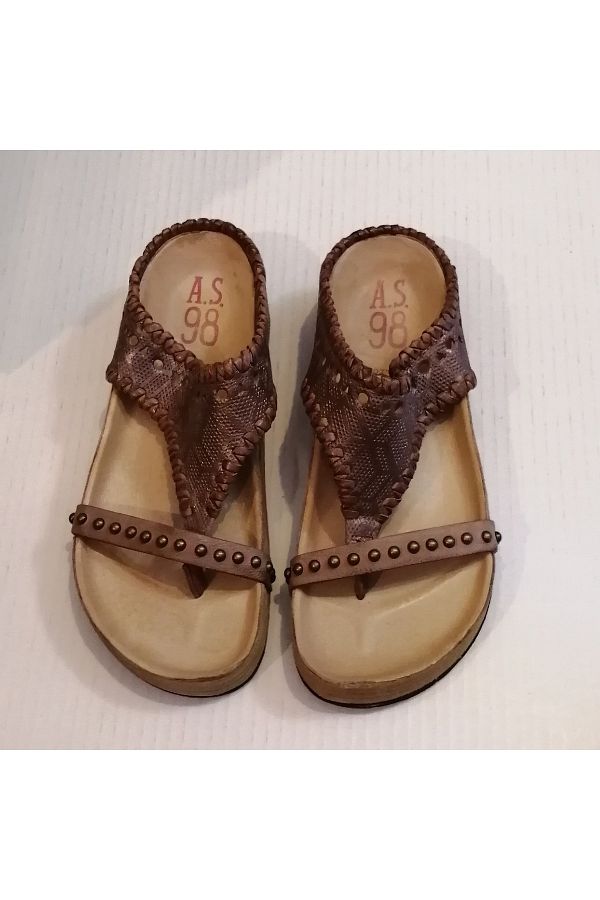 AS 98-Women's Genuine Leather Print Pattern Bronze Handmade Spiral Leather Ribbed Wedge Sole Flip Flops 1