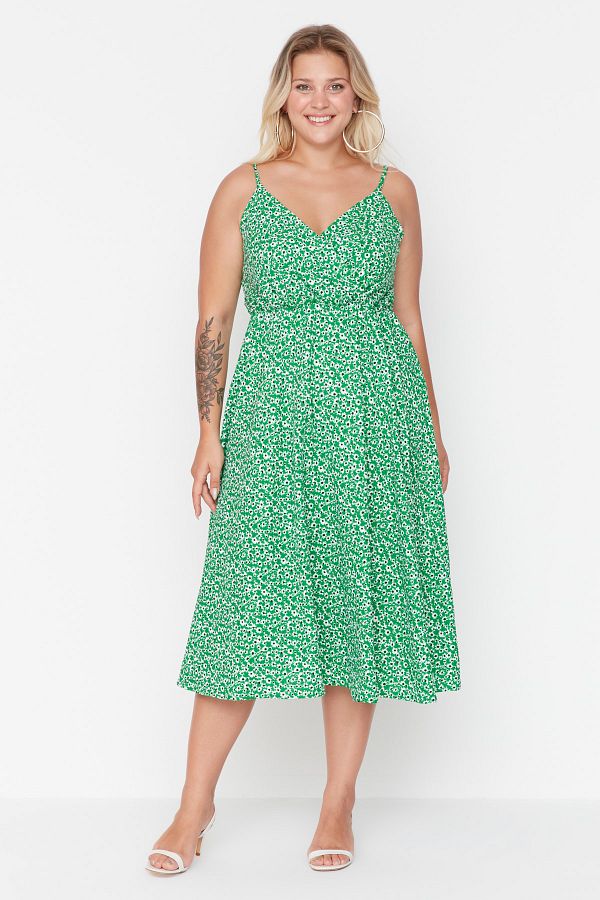 Trendyol Curve-Plus Size Zielona Kwiatowa Sukienka Dwurzędowa Z Dekoltem Z Dzianiny Letniej - Tbbss22Ah00051 1
