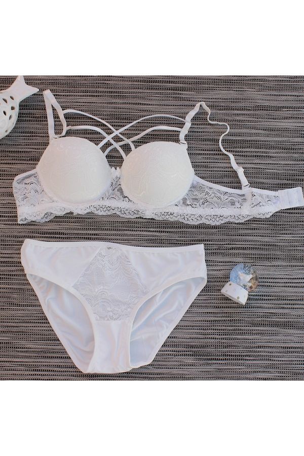 ALSA-White Lace Front Cross Strap Bra Set 1
