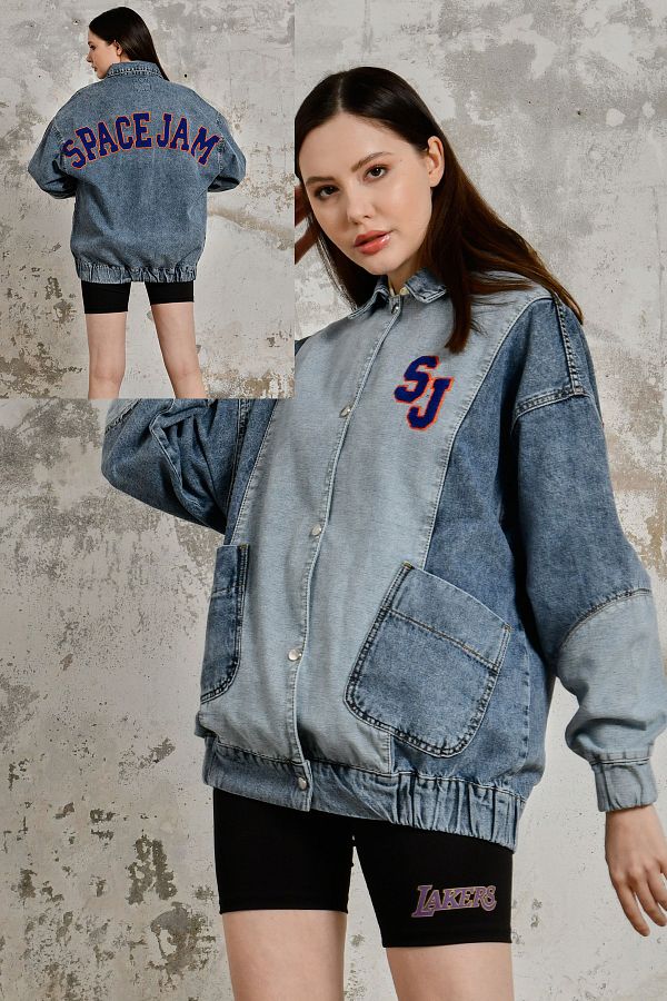 fehika Women s Blue Denim Bomber Jacket Back Space Jam Applique Embroidery College Jeans Jacket Trendyol