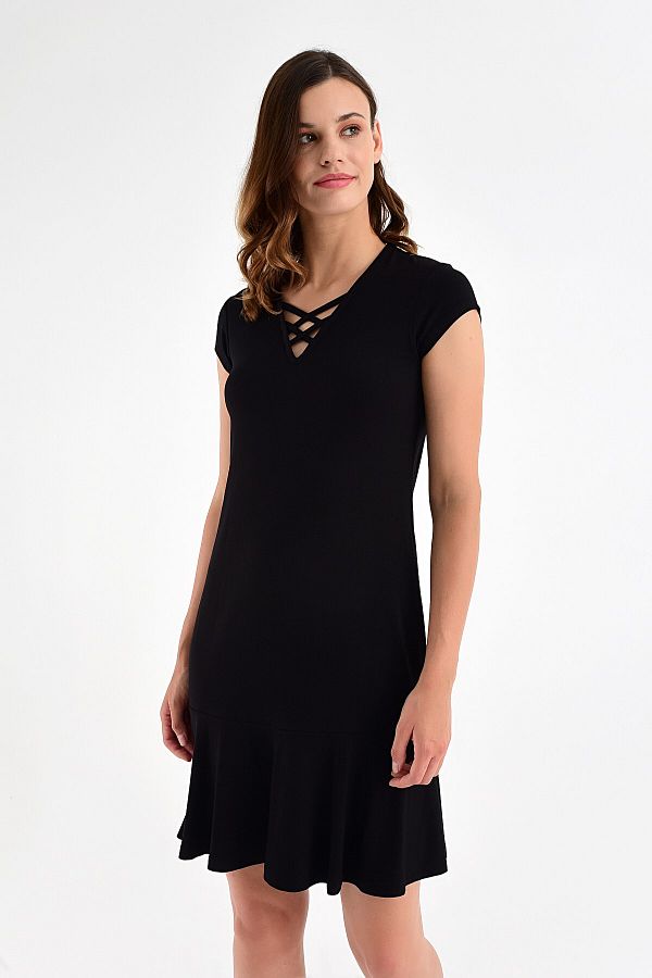 Laranor-Women's Black Collar Detail Skirt Flounce Dress 20L6810 1