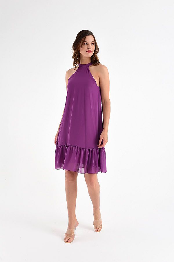Laranor-Women's Purple Collar Detail Skirt Tip Flywheel Chiffon Dress 20L6837 1