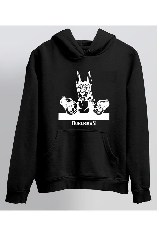 venüsdijital-Hanorac negru cu glugă unisex cu imprimeu Doberman 1
