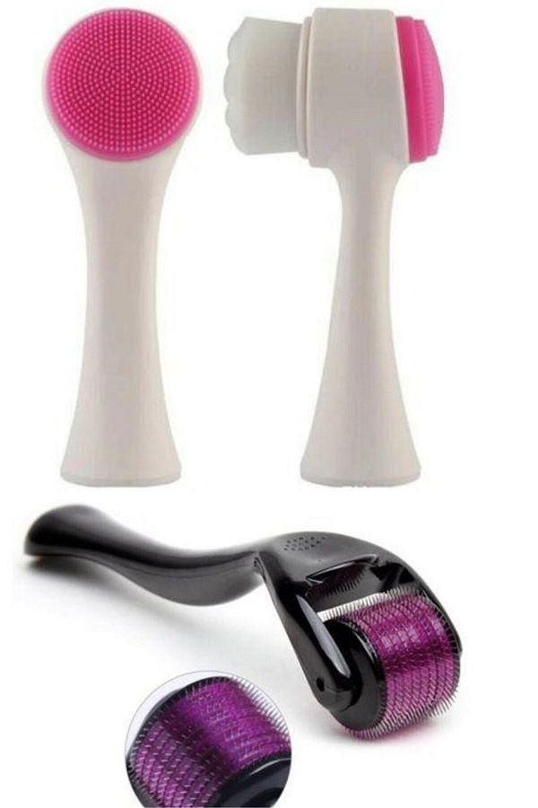 QNİAY-0.5 mm Titanium Needle Dermaroller + Facial Cleansing Brush 1
