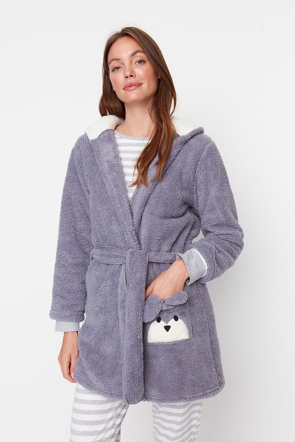Trendyol Collection Burgundy Belted Animal Figure Pocketed Wellsoft Winter Knitted Dressing Gown Thmaw21Sb0011