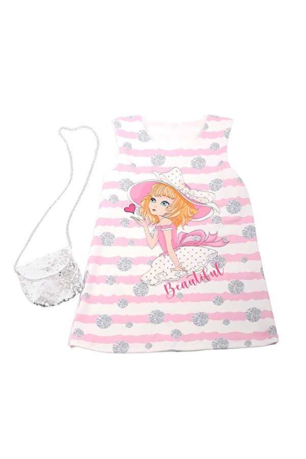 DOFİ Baskılı Pembe Kız Çocuk Yazlık Jile Elbise Çanta Hediyeli