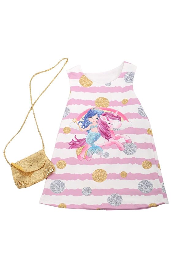 DOFİ Baskılı Pembe Kız Çocuk Yazlık Jile Elbise Çanta Hediyeli