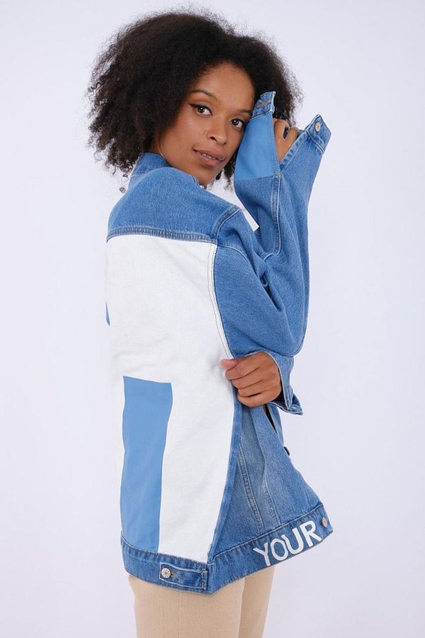fehika Women s Denim Jacket Twist Your Style Printed Back Color Block Blue Oversize Jeans Jacket Trendyol
