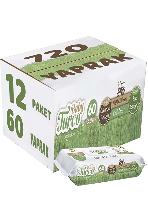 Baby Turco Islak Havlu Mendil Yenidoğan 60 Yaprak Doğadan 12 Li Set (4pk*3) 720 Yaprak Pls Kapaklı