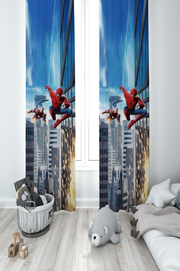BAMBAŞKA MODA Bebek Ve Çocuk Odası Spiderman Ve Iron Man Iki Kanat Fon Perde Bmfp-368