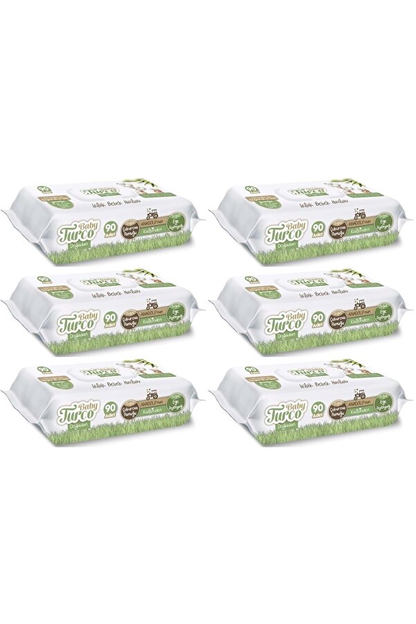 Baby Turco Islak Havlu Mendil Yenidoğan 90 Yaprak Doğadan 6 Lı Set 540 Yaprak Plastik Kapaklı