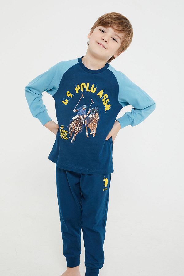 U.S. Polo Assn. Licensed Navy Blue Boy s Ribbed Long Sleeve Pajama Set Trendyol