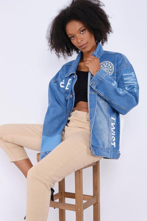 fehika Women s Denim Jacket Twist Your Style Printed Back Color Block Blue Oversize Jeans Jacket Trendyol