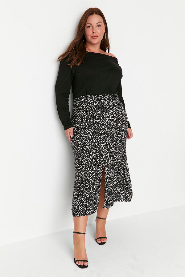 Trendyol Curve-Black-White Patterned Slit Viscose Woven Skirt TBBAW23AZ00032 1