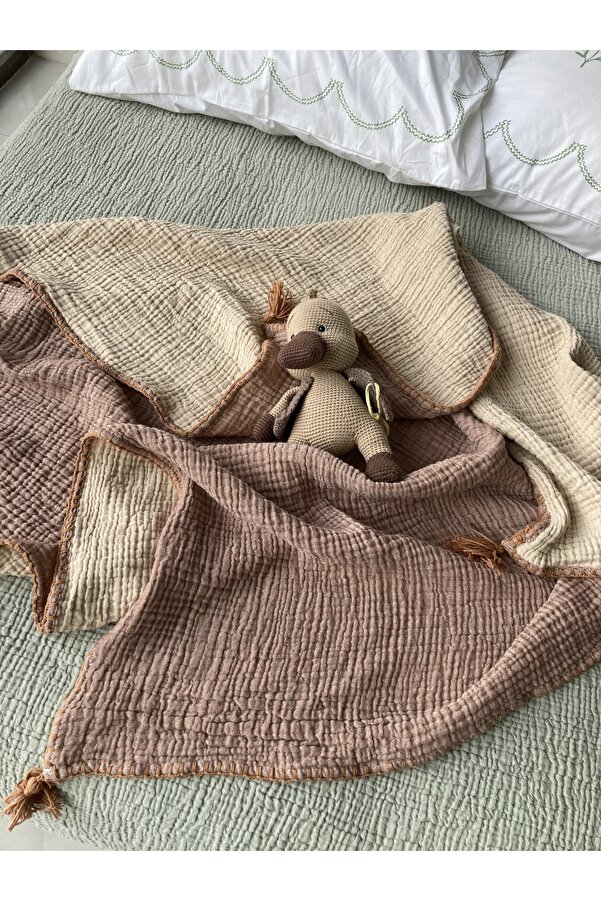 YASEMİNİNEVİ Açık Kahve-ekru Müslin Bebek Örtüsü
