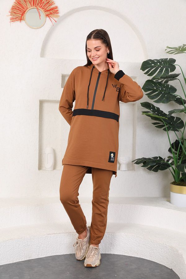 westbound Tan Color Women s Hooded Sweatshirt Jogger Sports Suit Tracksuit Trendyol
