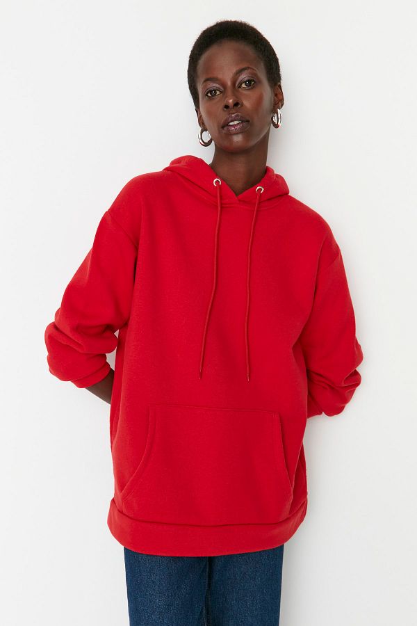Trendyol Collection Red Thick Fleece Inside Kangaroo Pocket Hooded Boyfriend Knitted Sweatshirt TWOAW20SW0525 Trendyol