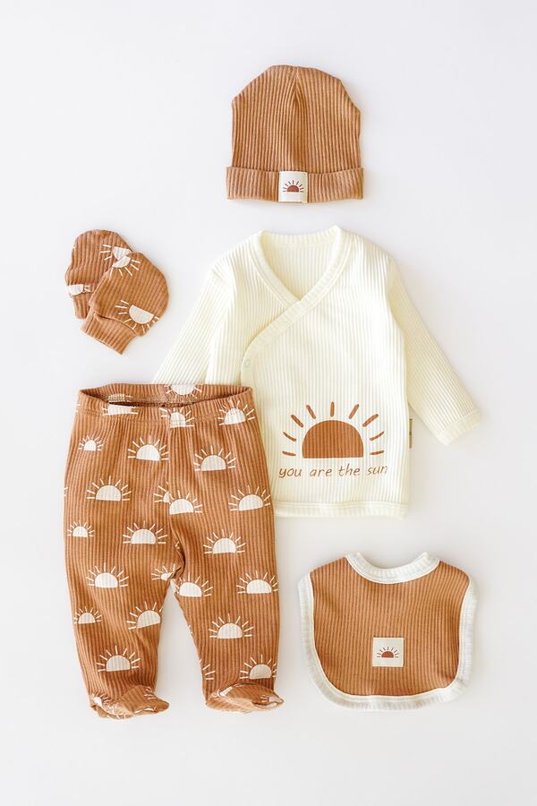 Banamio Five Sun Güneş Baskılı Yeni Doğan Pamuklu Oeko-tex Sertifikalı 5'li Hastane Çıkışı Seti (krem)