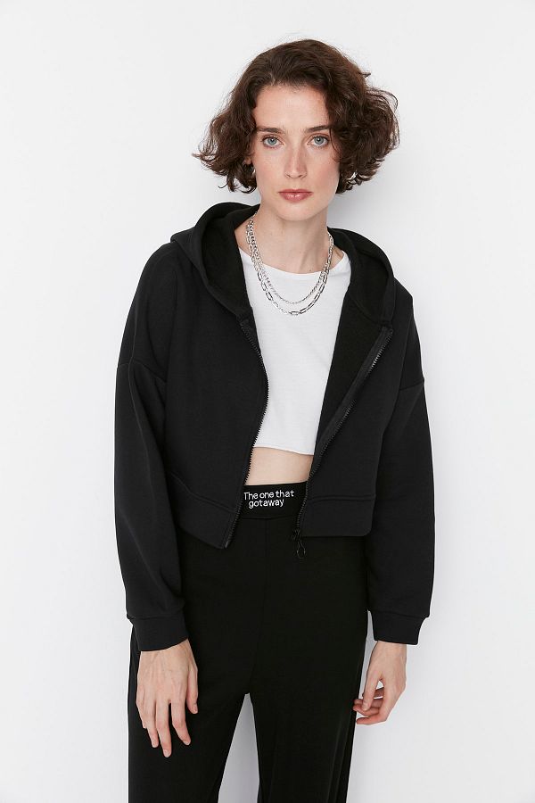 Trendyol Collection-Schwarzes Basic-Sweatshirt mit Reißverschluss und Kapuze, dickes Fleece innen, Strick-Sweatshirt TWOAW20SW0660 1