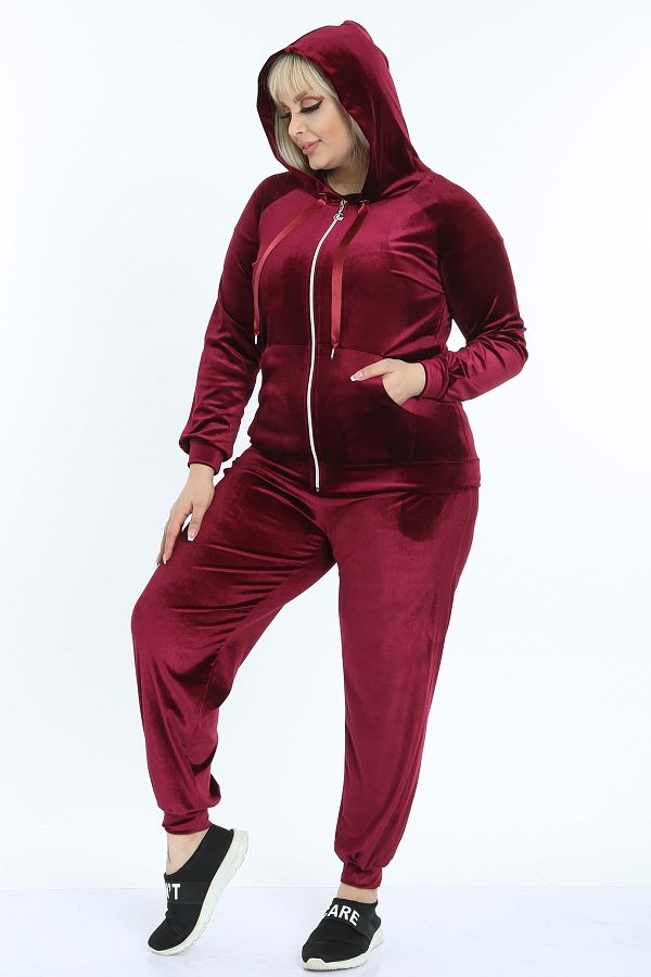 osyoumoda Women s Burgundy Large Size Velvet Tracksuit Set Trendyol