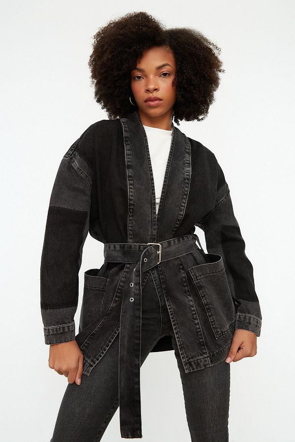 Black belted denim jacket shop