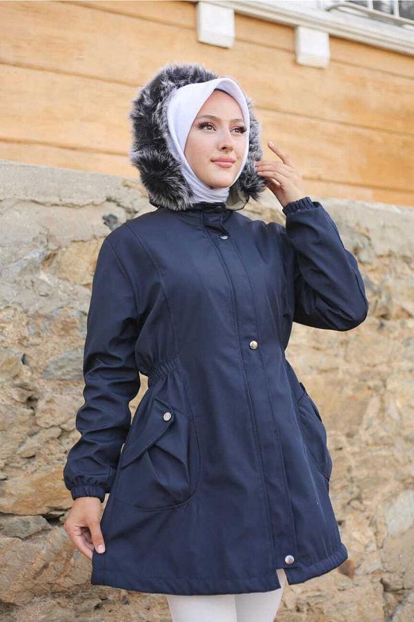 Marjinal City Navy Blue Fur Lined and Waterproof Large Size Oversize Women s Winter Coat Coat Trendyol