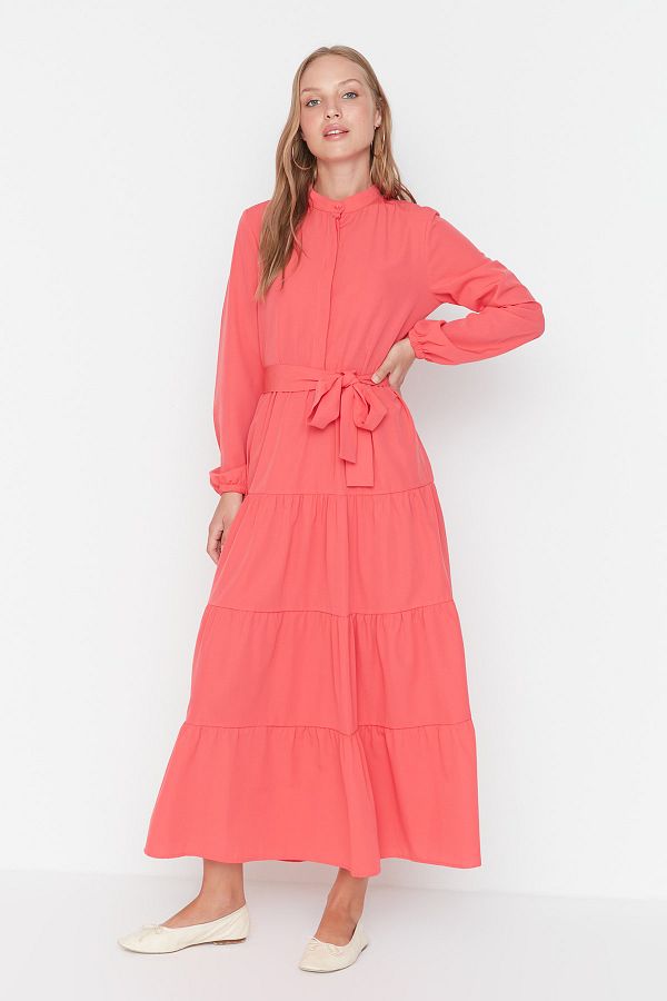 Trendyol Modest-Rochie țesută cu guler șef cu curea roz închis TCTSS21EL3343 1