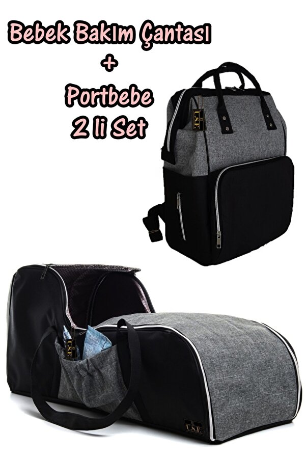 USF Gri Siyah Anne Bebek Bakım Çantası + Portbebe Ana Kucağı Puset Ikili Set