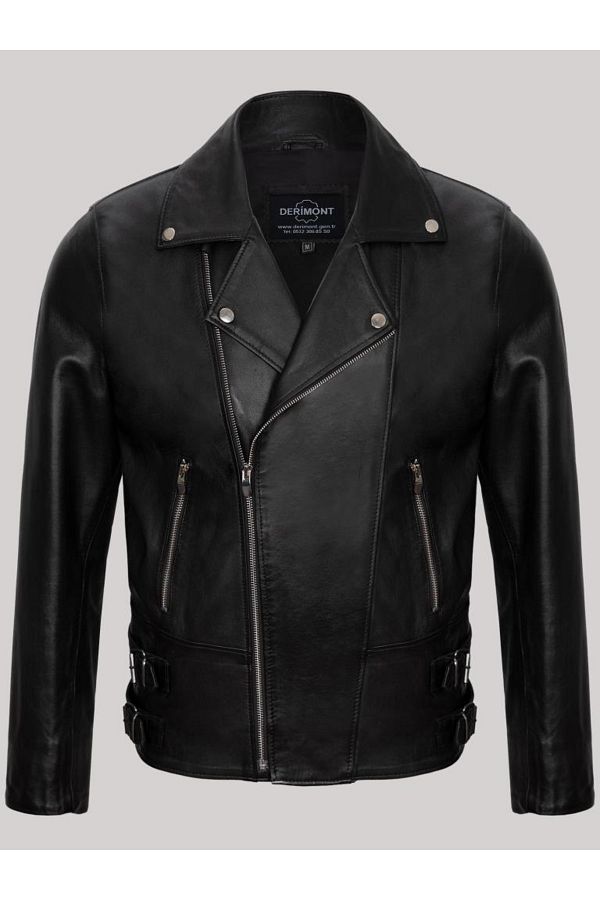 Derimont's-Genuine Lambskin Black Men's Leather Coat Side Zipper Waist Belt Leather Jacket 1