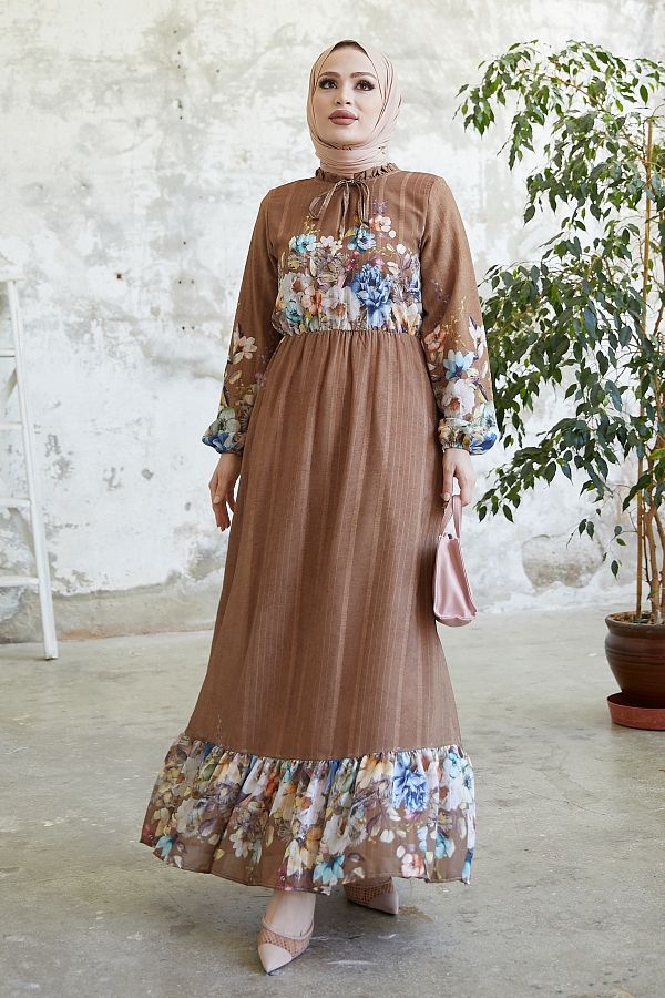 InStyle-More Floral Chiffon Dress - Tan 1