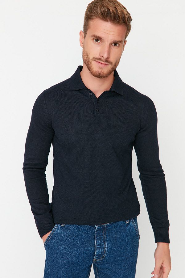 Trendyol Collection-Pulover de tricotaj slim cu guler polo bleumarin - cu nasturi, lână TMNAW23KZ00238 1