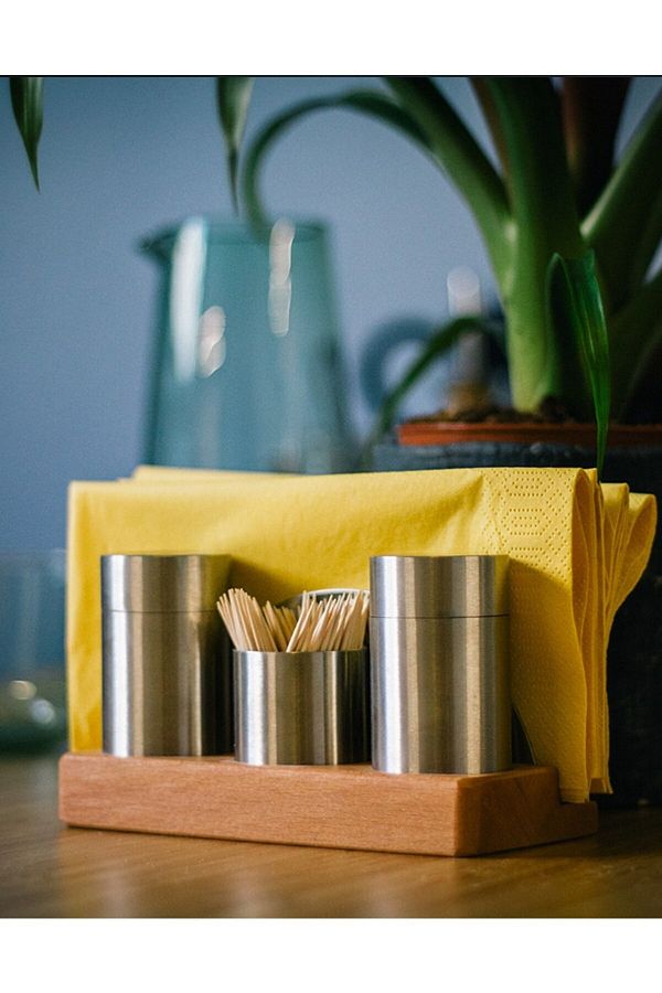 Mutsan-Set of 3 Stainless Steel Salt Shakers with Wooden Stand 1