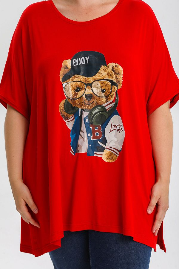 Gül Moda-Plus Size Blouse Teddy Bear Printed Red G087-1 1