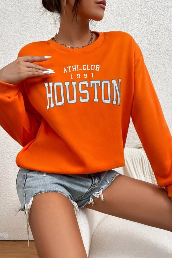 MODAGEN-Unisex oranžová mikina s potlačou Houston Oversize Crew s výstrihom 1