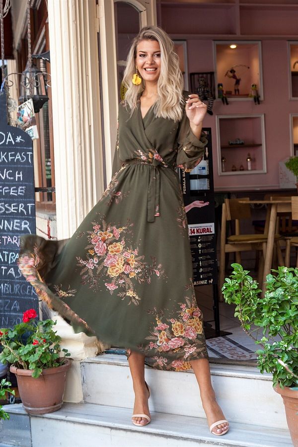 PAR S Long Yellow Floral Chiffon Dress Khaki Trendyol