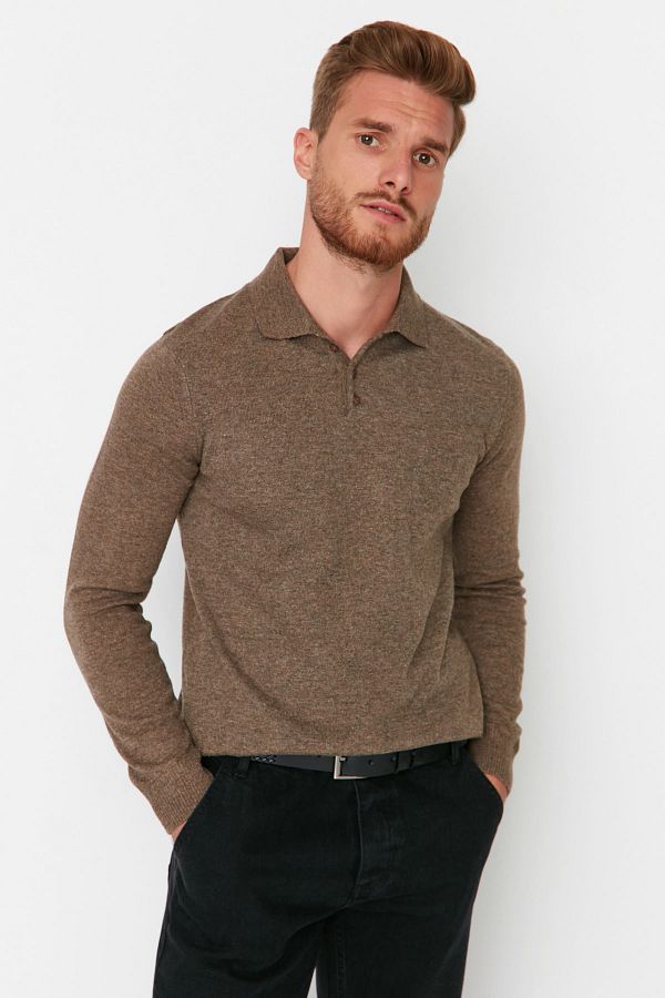 Trendyol Collection-Πλεκτό πουλόβερ Polo Neck Slim Fit Mink - με κουμπιά, μαλλί TMNAW23KZ00238 1