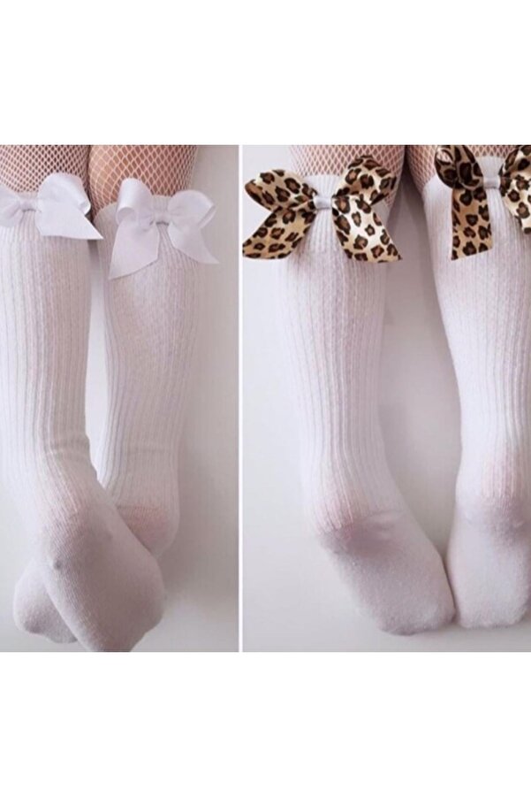 ÖZKARDEŞLER BABY Bebek Diz Altı Çorap Fiyonklu Leoparlı 2li