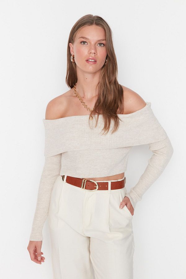 Trendyol Collection-Carmen Collar Super Crop Knitwear Sweater - Stone TWOAW22KZ1897 1