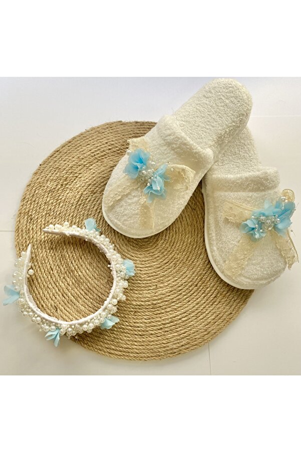 irembaby Anne Bebek Lohusa Seti Incili Mavi Çiçekli Lohusa Tacı Ve Terlik Lohusa Takımı