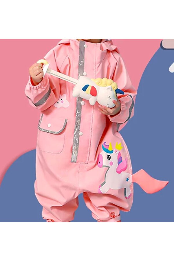 Petityu Unıcorn Çocuk Su Geçirmez Tulum Yağmurluk Kapşonlu