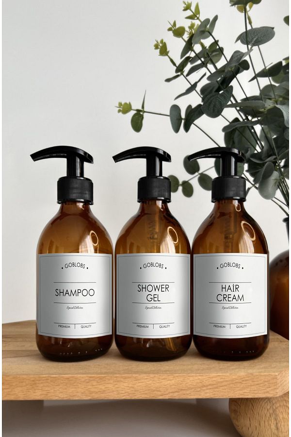 GO BLOBS-Set of 3 300ml Amber Bottle Shampoo & Shower Gel & Hair Cream White 1