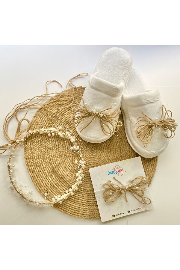 irembaby Anne Bebek Lohusa Seti Hasırlı Incili Lohusa Tacı Terlik Ve Bebek Saç Bandı Lohusa Takımı
