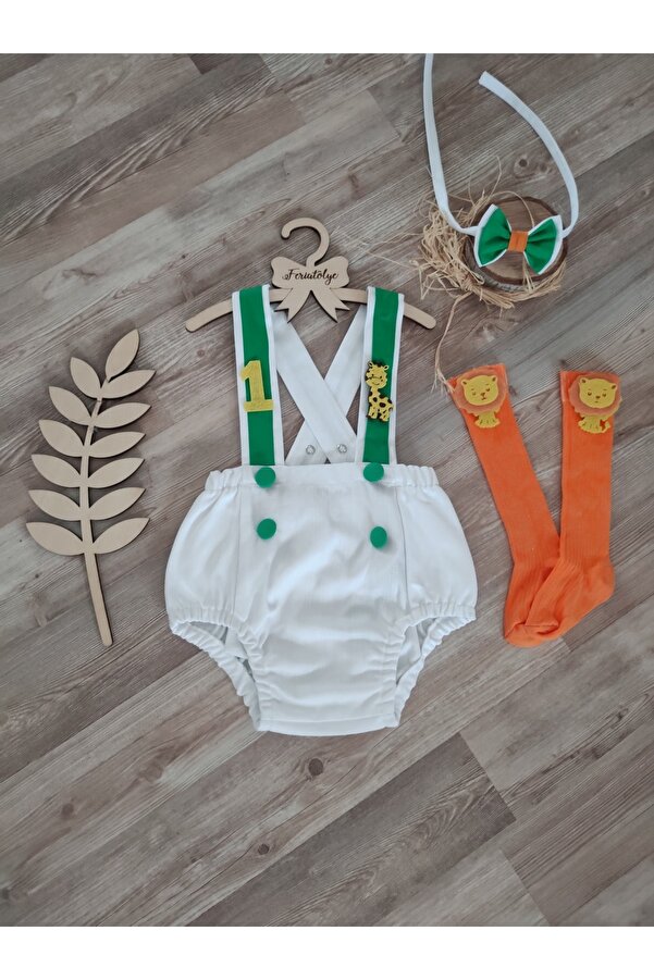 Feriatolye Safari Konsepti Yeşil Şeritli Beyaz Erkek Bebek Salopet 1 Yaş Doğum Günü Kıyafeti Pasta Patlatma