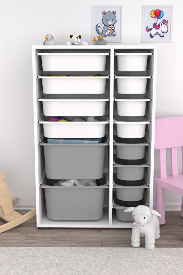 Pratico Rine 14 Sepetli Çok Amaçlı Oyuncak Dolabı Gri Beyaz 2d4k8u