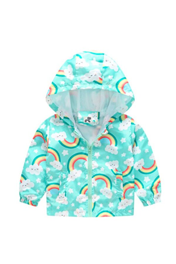 Petityu Gokkusagi Camgobegi Çocuk Yağmurluk Ruzgar Su Gecirmez Fermuarli Kapisonlu Incecik Mont Ceket