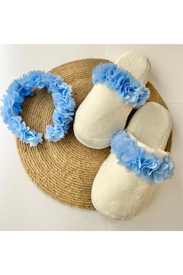 irembaby Anne Bebek Lohusa Seti Mavi Çiçekli Lohusa Tacı Terlik Bebek Ayakkabı Ve Bebek Şapkası Lohusa Takımı