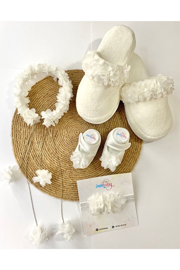 irembaby Anne Bebek Lohusa Seti Beyaz Çiçekli Lohusa Tacı Terlik Bebek Ayakkabı Bebek Saç Bandı Lohusa Takımı