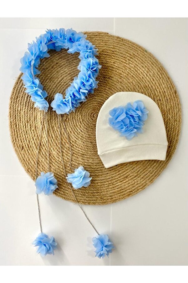 irembaby Anne Bebek Lohusa Seti Mavi Sarkan Küpeli Çiçekli Lohusa Tacı Ve Bebek Şapkası Lohusa Takımı