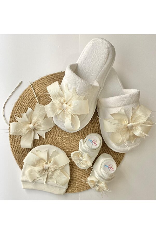 irembaby Anne Bebek Lohusa Seti Krem Lohusa Tacı Terlik Bebek Ayakkabısı Ve Bebek Şapkası Lohusa Takımı